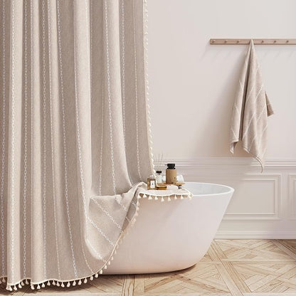 72 x 90 Boho Linen Heavy Duty Cloth Shower Curtain Set, Tan/Taupe | Extra Long by ShowerCurtain