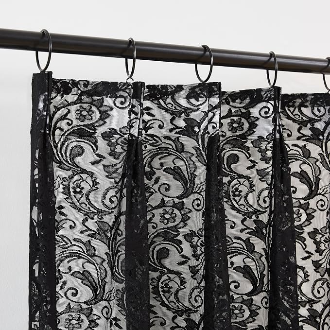 Bujasso Black Lace Pinch Pleat Curtains 63 inch, Gothic Vintage Floral Sheer by Bujasso