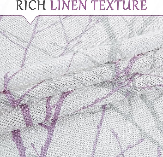 FMFUNCTEX Linen Lilac White Semi Sheer Print Curtains 84 Inch Long 2 Panels | - Image 4