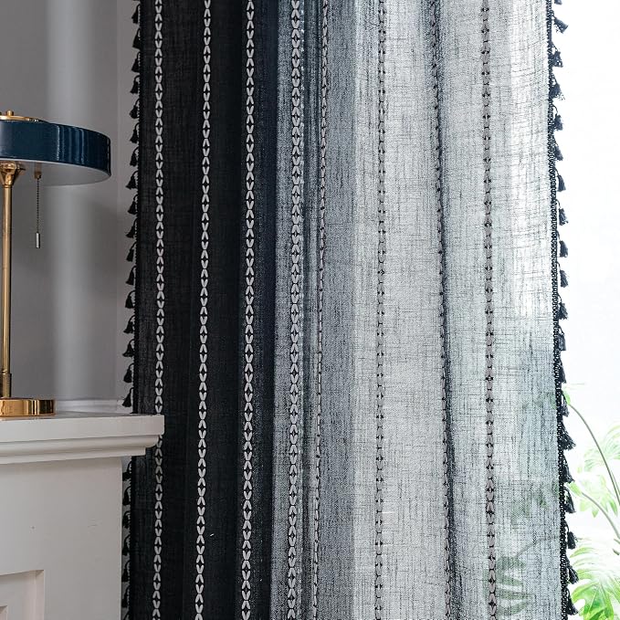 Sutuo Home Black Boho Curtains for Bedroom Living Room, Semi Blackout Linen - Image 2